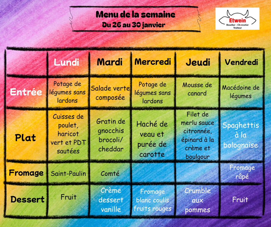 Menu Facebook du 26 au 30 janvier 2026